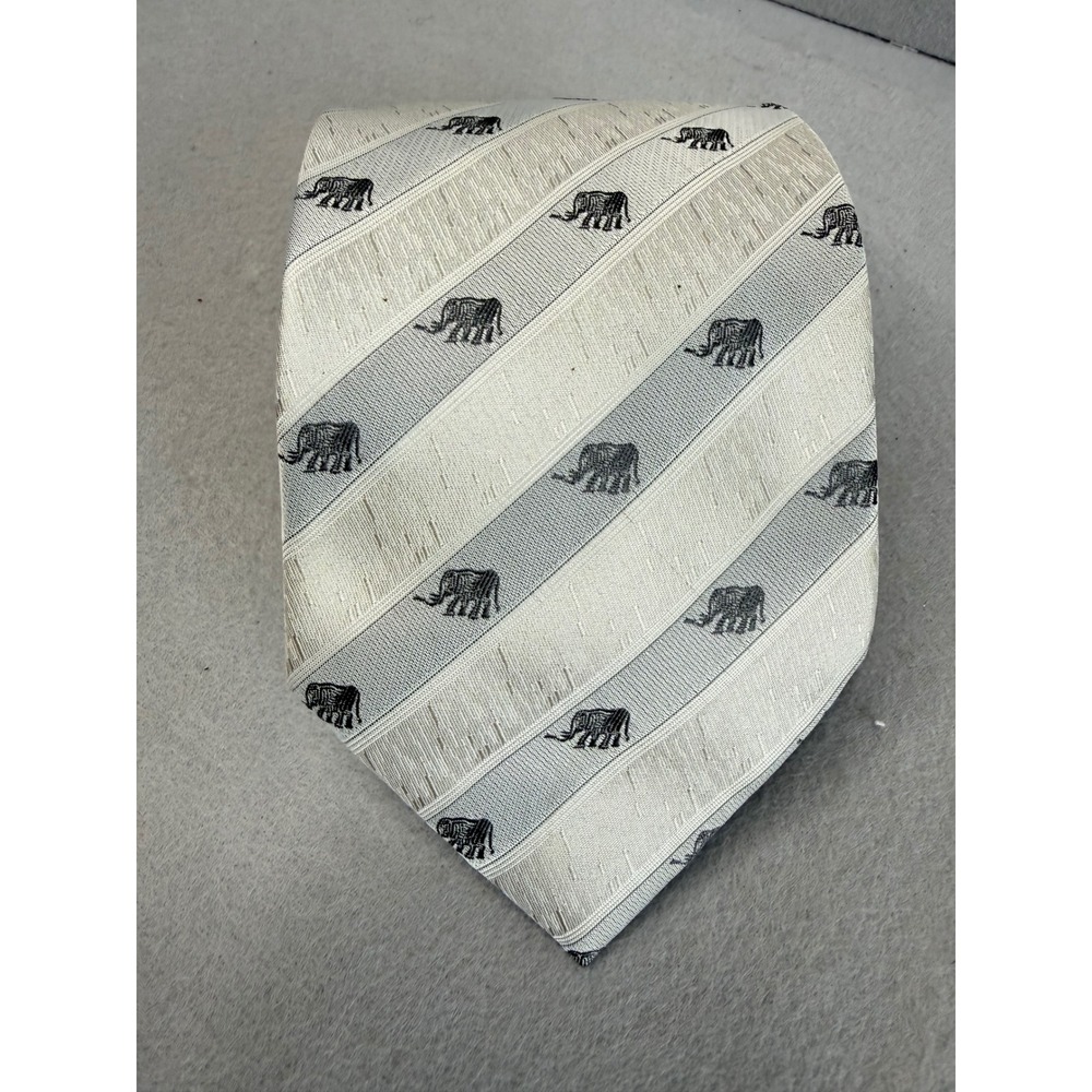 Mens 100% Silk Elephant Animal Print Striped Tie Silver Grey Black